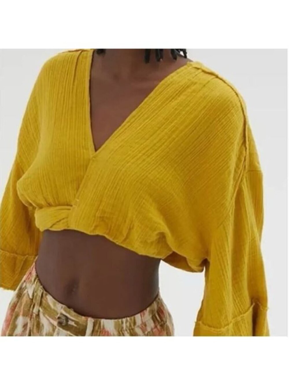 Urban Outfitters Top Womens Medium Mustard Yellow Gauzy Deep V Cropped Boho